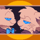 Two cats wearing suits stare at each others' blue eyes.